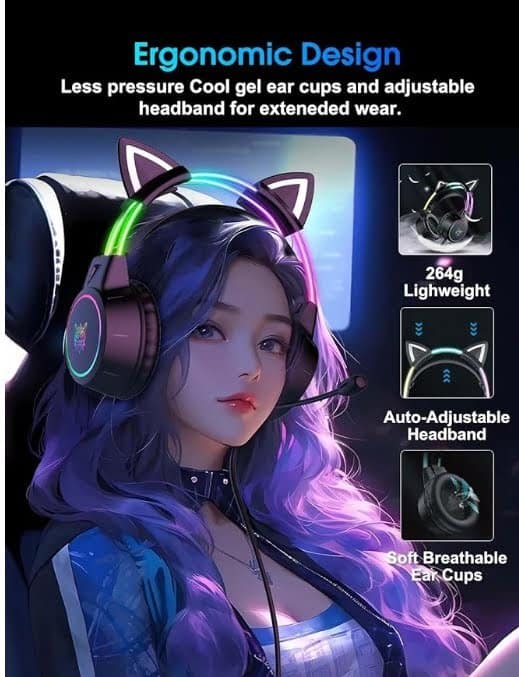Lightweight Gaming Headsets with Removable Cat Ears,Gradient RGB Light, Wired Over- Ear Headphones for PC/PS4/PS5/XBOX/Switch, Virtual Surround Sound & Noise Cancelling Mic, Auto-Adjust Headband - Image 3
