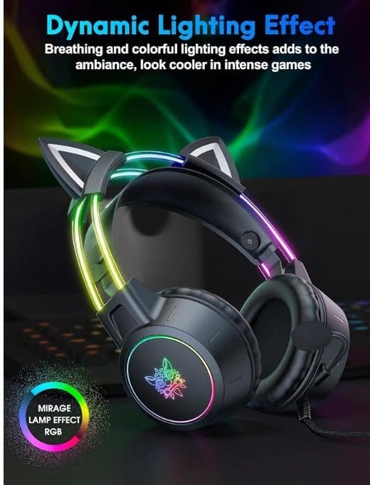 Lightweight Gaming Headsets with Removable Cat Ears,Gradient RGB Light, Wired Over- Ear Headphones for PC/PS4/PS5/XBOX/Switch, Virtual Surround Sound & Noise Cancelling Mic, Auto-Adjust Headband - Image 6