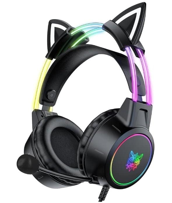 Lightweight Gaming Headsets with Removable Cat Ears,Gradient RGB Light, Wired Over- Ear Headphones for PC/PS4/PS5/XBOX/Switch, Virtual Surround Sound & Noise Cancelling Mic, Auto-Adjust Headband
