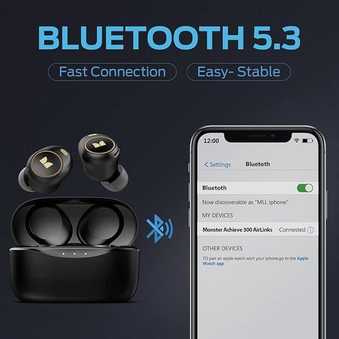 Monster Wireless Earbuds, Achieve 300 AirLinks Bluetooth Headphones Touch Control with Charging Case, Bluetooth Earbuds with Fast Charging for Sport - Image 4