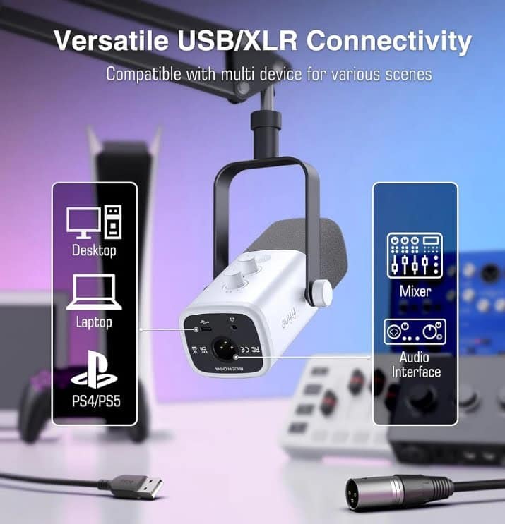 FIFINE XLR/USB Dynamic Microphone for Podcast Recording, PC Computer Gaming Streaming Mic with RGB Light, Mute Button, Headphones Jack, Desktop Stand, Vocal Mic for Singing YouTube-AmpliGame AM8 - Image 4