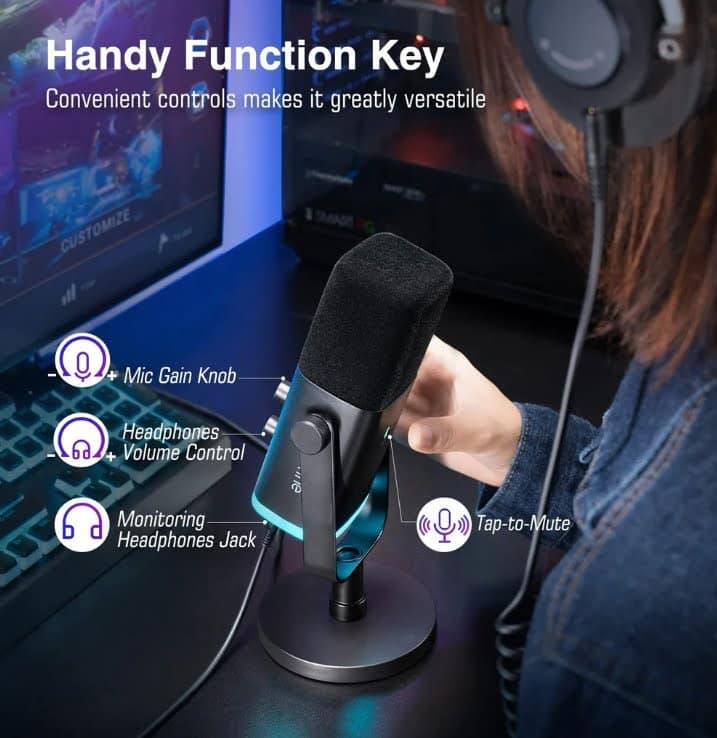 FIFINE XLR/USB Dynamic Microphone for Podcast Recording, PC Computer Gaming Streaming Mic with RGB Light, Mute Button, Headphones Jack, Desktop Stand, Vocal Mic for Singing YouTube-AmpliGame AM8 - Image 8