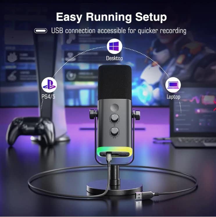 FIFINE XLR/USB Dynamic Microphone for Podcast Recording, PC Computer Gaming Streaming Mic with RGB Light, Mute Button, Headphones Jack, Desktop Stand, Vocal Mic for Singing YouTube-AmpliGame AM8 - Image 9